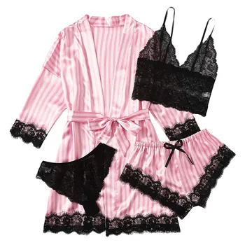 2023 Moterų Pižama Rinkiniai Satino Sleepwear Šilko 4 Gabalus, naktiniai drabužiai Pyjama Dirželis Nėrinių Miego Lounge Pajama su Krūtinės Pagalvėlės Dovanos