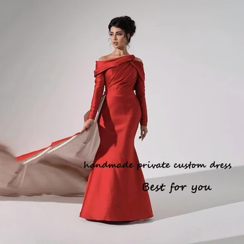 Raudona Satino Undinė Vakaro Suknelės Vienos Pečių arabų Dubajus Prom Šalis Suknelė su Traukiniu Švęsti Įvykio Suknelė Nėriniai Atgal