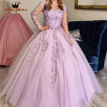 Violetinė Quinceanera Suknelės 2023 3D Gėlių Nėrinių Appliques Kamuolys Suknelė ilgomis Rankovėmis, Nėriniai-up Šalies Vakare ypatinga Proga ED09M