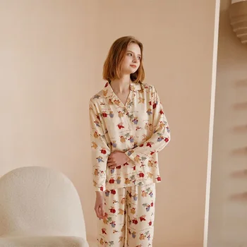 Iki 2023 m. Rudenį Medvilnės Žemės Sleepwear Kalėdų Spausdinti Atsitiktinis Palaidų Moterų Pižama ilgomis Rankovėmis, Kelnės Minkštos Loungewear