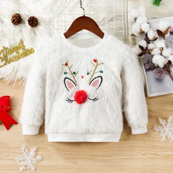 Kalėdų Baby Girl Žiemos Megztinis Ilgomis Rankovėmis Elnių Modelio Mezgimo Fuzzy Palaidi Tinka Puloveriai Viršūnes Kalėdos Drabužiai