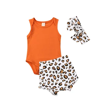 Boutique mergina drabužių Bamblys Kūdikių Mergaičių 2019 Naujas Vasaros Rankovių Bodysuit +Leopard Trumpas Kelnes Lankelis 3pcs Apranga
