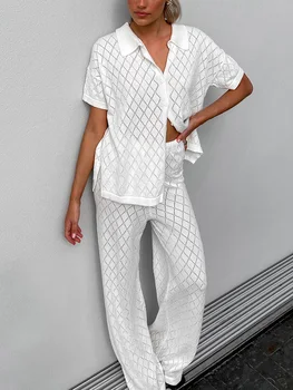 Naujų Madingų Moterų Vasara 2 Gabalas Komplektus Pledas Trumpomis Rankovėmis Mygtuką Žemyn Marškiniai Ir Didelio Juosmens Pločio Kojų Kelnės Nustatyti Streetwear