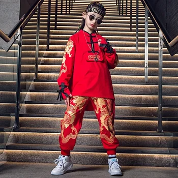 Kinų Stiliaus Hip-Hop Kids Kostiumas Gatvės Šokio Spektaklis Drabužius Mergaitės Berniukai Raudona Hip-Hop Kostiumas Džiazo Scenos Kostiumų BL6874