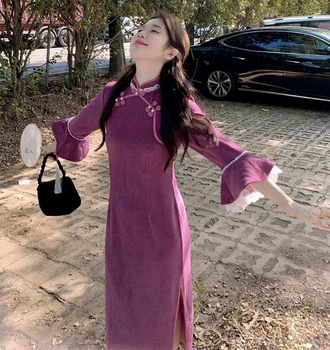 Violetinė Moterų Pagerėjo Cheongsam Velvetas Prancūzijos Šiltas Šalis Nešioti Kinijos Derliaus Ilgai Qipao Trimitas Rankovėmis Suknelė Šiuolaikinės 2023