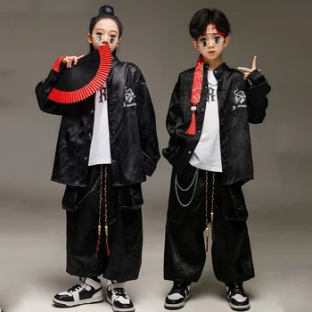 2023 Džiazo, Šiuolaikinio Šokio Kostiumai Vaikams Kinų Stiliaus Raudona Juoda Komplektus Merginų Hip-Hop Šokio Spektaklis Rave Drabužius DQS15010