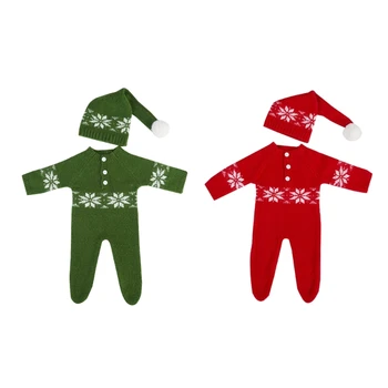 Naujagimio Fotografijos Rekvizitai Nėrimo Kalėdų Red Hat ir Jumpsuit Nustatyti Santa Baby Fotografijos Drabužiai Berniukui, Mergina G99C