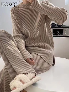 UCXQ Korėja Elegantiškos, Aukštos Kokybės Trikotažas Rinkinių O-kaklo Dryžuotas ilgomis Rankovėmis Megztinis Džemperis + Tiesus Ilgas Kelnes Moteris Banga 23A2907