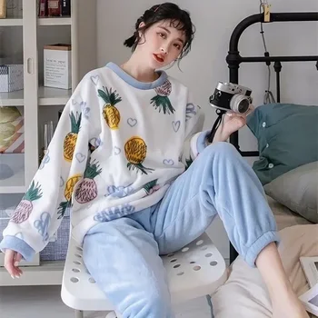 Flanelė Loungewear Pajama Moterims Moteriški Spausdinti Žiemos Sleepwear Pižamos Duonvaisiai (Jackfruit) Mujer Merginos Homewear Pijama Lounge Rinkiniai Rudenį