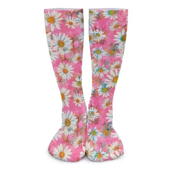 Baltos Ramunės Kojinės, Pink Gėlių Print Custom Kawaii Kojinės Rudenį Stabdžių Sistema Moterų Kojinės, Veikia Sporto Kvėpuojantis Kojinės