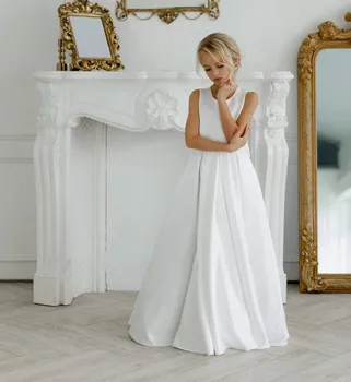 Naujas Baltos spalvos Satino Gėlių Mergaitės Suknelė Vestuvių Princesė-Line Pirmosios Komunijos Suknelė Vaikų Inscenizacija Kostiumai