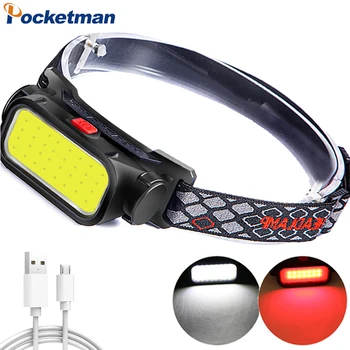 4 Režimai Galingas LED priekiniai Žibintai USB Įkrovimo COB priekinis žibintas su Raudona Šviesa Vandeniui Nešiojamų Naktį Žvejybos Žibintas Fakelas