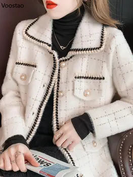 Prancūzija Elegantiškas Mink Kašmyro Megztinis Kailis Rudens Žiemos Moterų Atsitiktinis Palaidų Megztas Megztinis Moteriška Turn-Žemyn Apykaklės Outwear Viršūnės