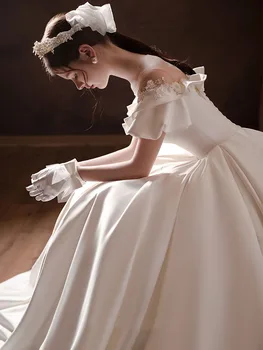 Naujas Off-Pečių Vestuvių Suknelė-line Dramblio kaulo Satino prabangos duobute seksualus backless Ruched Elegantiškas Princesė Nuotaka suknelė