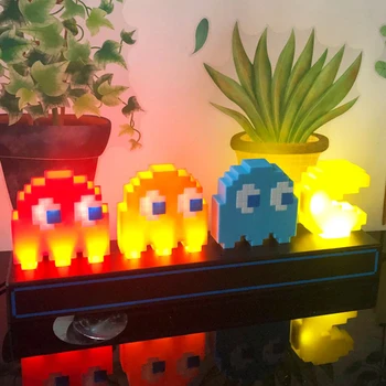 Balso Kontrolė Pac Man Naktį LED Žibintai Spalvinga Pikselių Žaidimas 3D Piktogramą Lempa USB Įkrovimo Anime Atmosfera Stalo Lempos Statula Papuošalai