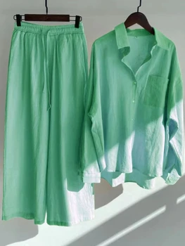 2023 Medvilnės Skalbiniai Moterų Pijamas Nustatyti Laisvas Sleepwear Moterų 2vnt Marškinėliai Aukšto Liemens Kelnės Kostiumas Šviesą Negabaritinių Marškinėlius Kostiumas