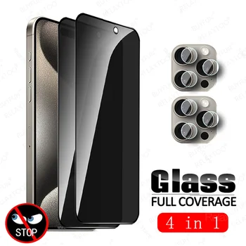 4in1 Privatumo Grūdintas Stiklas iPhone 15 Pro Max Anti-Spy Screen Protector iPhone15 Plius iPhone15Pro 15Pro ProMax Kino Kamerą