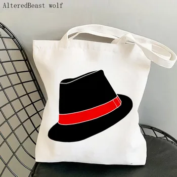 Moterų Shopper bag Classic Black Fedora Skrybėlę Spausdinti Maišelį Harajuku Pirkinių Drobės Shopper Bag mergina rankinę Nešti Peties Lady Krepšys