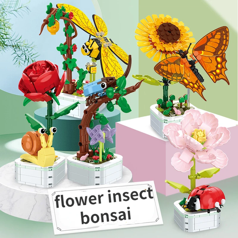Kūrybiškumo Gėlių Puokštė bonsai Sodinimo Drugelis Cikada Dragonfly Modelis Statyba Blokai, Plytos, Žaislai Vaikams Dovanų - 0