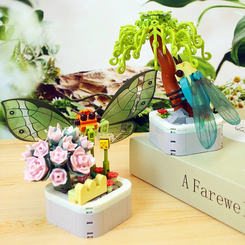 Kūrybiškumo Gėlių Puokštė bonsai Sodinimo Drugelis Cikada Dragonfly Modelis Statyba Blokai, Plytos, Žaislai Vaikams Dovanų - 1