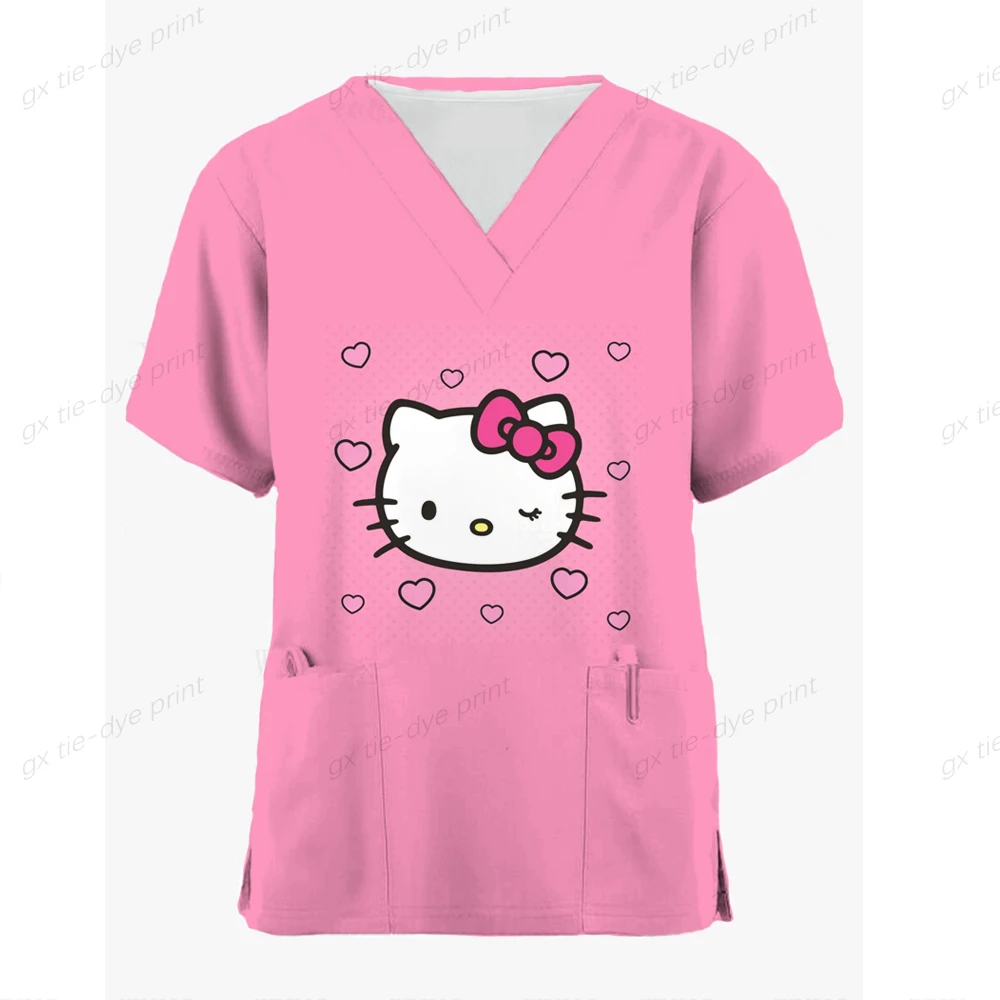 Moterų Viršūnių Šveitimas trumpomis Rankovėmis V-kaklo Palaidinė Slaugytojo Darbo Vienodi marškinėliai Hello Kitty Spausdinimo Sveikatos priežiūros Tunika Slaugytojų darbo drabužiai - 1