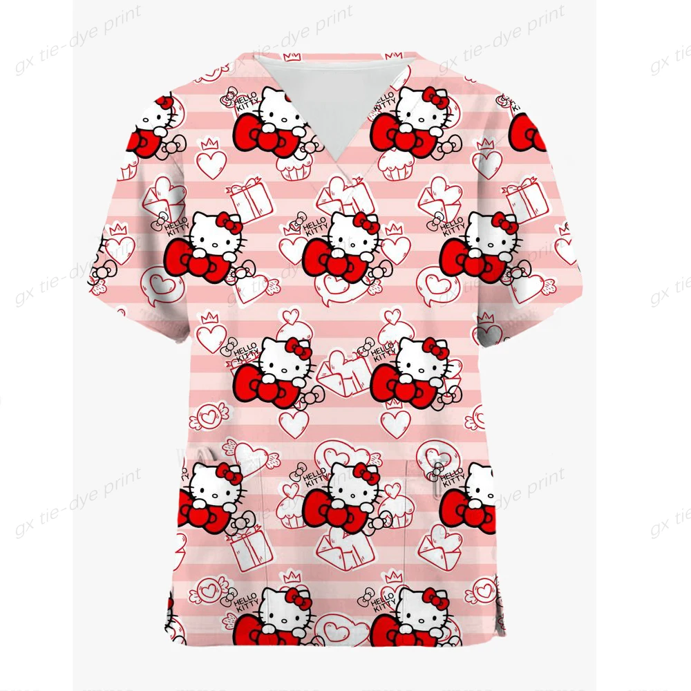 Moterų Viršūnių Šveitimas trumpomis Rankovėmis V-kaklo Palaidinė Slaugytojo Darbo Vienodi marškinėliai Hello Kitty Spausdinimo Sveikatos priežiūros Tunika Slaugytojų darbo drabužiai - 2