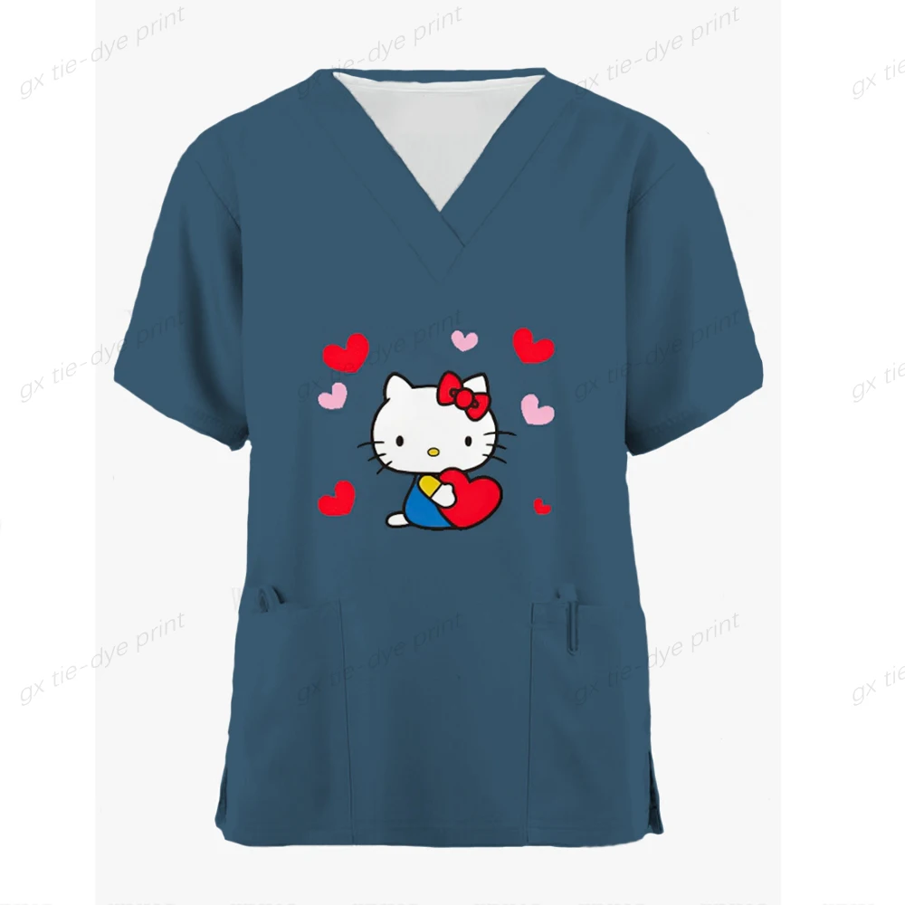 Moterų Viršūnių Šveitimas trumpomis Rankovėmis V-kaklo Palaidinė Slaugytojo Darbo Vienodi marškinėliai Hello Kitty Spausdinimo Sveikatos priežiūros Tunika Slaugytojų darbo drabužiai - 3
