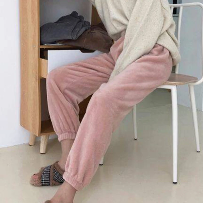 Moterų Jaukus Miego Kelnės Žiemos Vilnos Sleepwear Ilgas Kelnes Europos Ir Amerikos Vientisos Spalvos Šilta Namų Stiliaus Naktiniai Drabužiai - 4