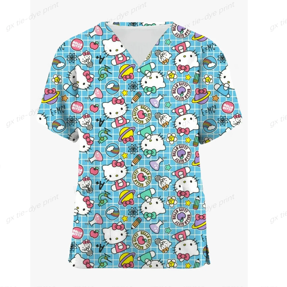 Moterų Viršūnių Šveitimas trumpomis Rankovėmis V-kaklo Palaidinė Slaugytojo Darbo Vienodi marškinėliai Hello Kitty Spausdinimo Sveikatos priežiūros Tunika Slaugytojų darbo drabužiai - 4