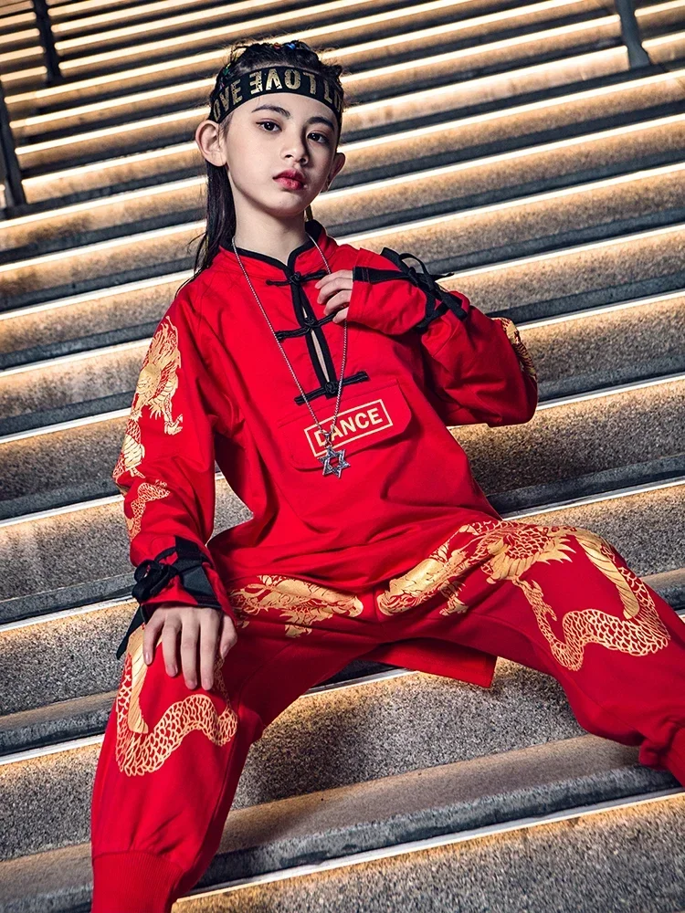 Kinų Stiliaus Hip-Hop Kids Kostiumas Gatvės Šokio Spektaklis Drabužius Mergaitės Berniukai Raudona Hip-Hop Kostiumas Džiazo Scenos Kostiumų BL6874 - 5