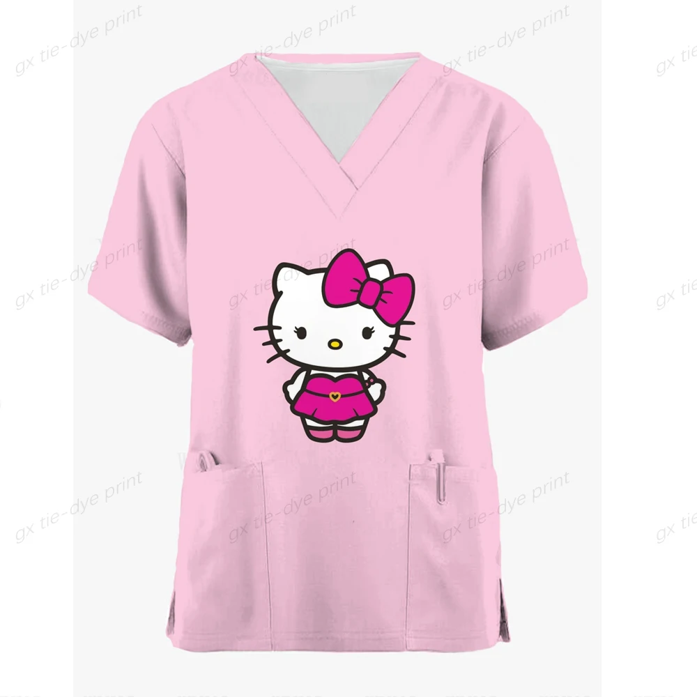 Moterų Viršūnių Šveitimas trumpomis Rankovėmis V-kaklo Palaidinė Slaugytojo Darbo Vienodi marškinėliai Hello Kitty Spausdinimo Sveikatos priežiūros Tunika Slaugytojų darbo drabužiai - 5