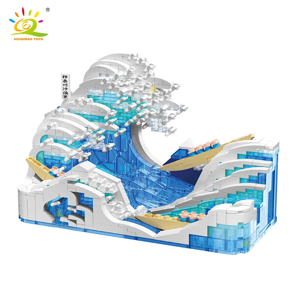 HUIQIBAO 720PCS Didžiosios Bangos Kanagawa Žuvų Bakas Kūrimo Bloką, Miesto Kūrybos Namų Apdailos Plytos, Apšvietimo, Vaikų Žaislai - 5